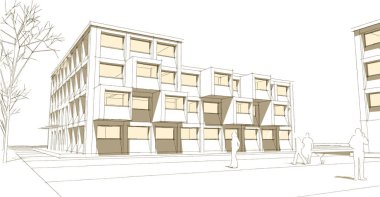 şehir meydanı modern soyut mimari 3D illüstrasyon