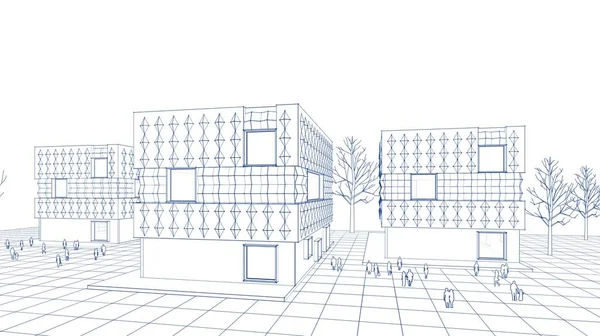 都市広場現代抽象建築3Dイラスト — ストック写真