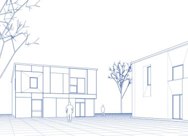 Kasaba mimari projesi çizimi 3d vektör illüstrasyonu