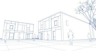 Kasaba mimari projesi çizimi 3d vektör illüstrasyonu