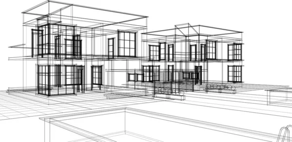 Townhouse Projeto Arquitetônico Esboço Vetor Ilustração —  Vetores de Stock