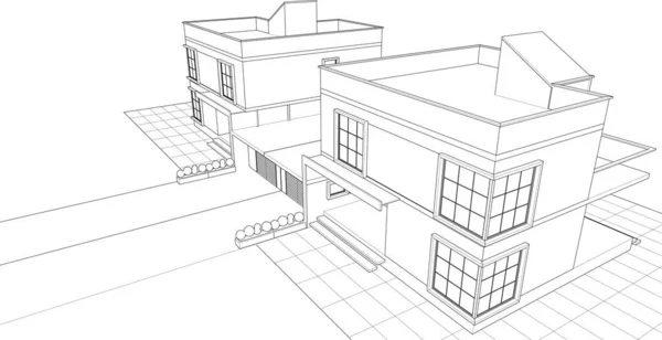 タウンハウス建築プロジェクトスケッチ3Dベクトルイラスト — ストックベクタ