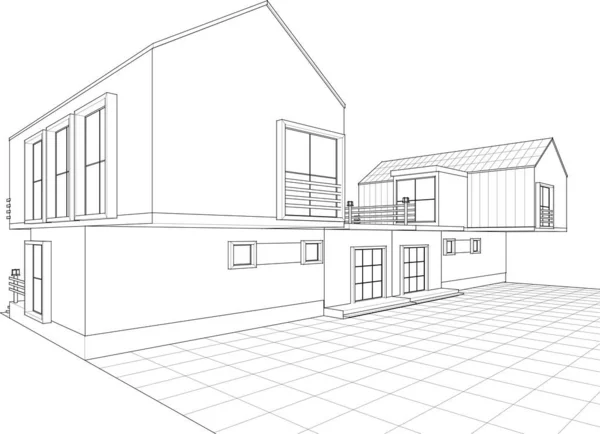 家の建築スケッチ3Dベクトル図 — ストックベクタ