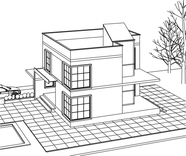 Townhouse Projeto Arquitetônico Esboço Vetor Ilustração — Vetor de Stock