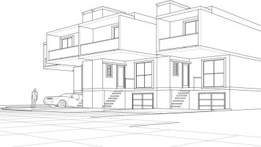 Kasaba mimari projesi çizimi 3d vektör illüstrasyonu