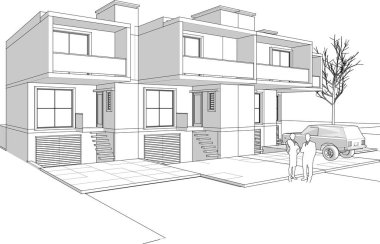 Kasaba mimari projesi çizimi 3d vektör illüstrasyonu