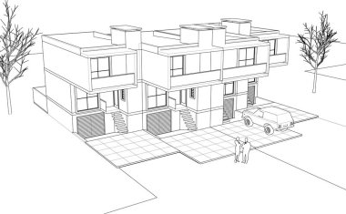 Kasaba mimari projesi çizimi 3d vektör illüstrasyonu