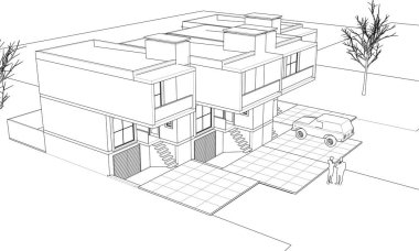 Kasaba mimari projesi çizimi 3d vektör illüstrasyonu
