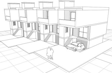 Kasaba mimari projesi çizimi 3d vektör illüstrasyonu