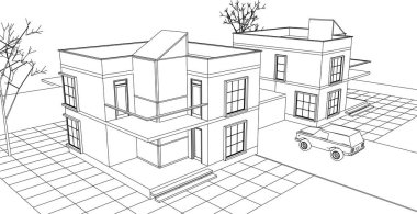 Kasaba mimari projesi çizimi 3d vektör illüstrasyonu