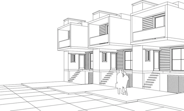 Townhouse Projeto Arquitetônico Esboço Vetor Ilustração — Vetor de Stock