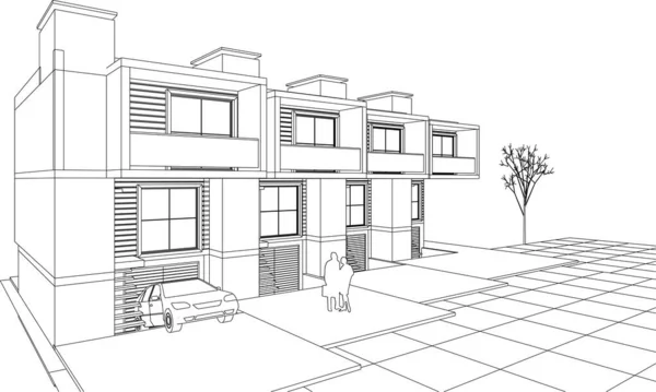 Townhouse Architectonische Project Schets Vector Illustratie — Stockvector