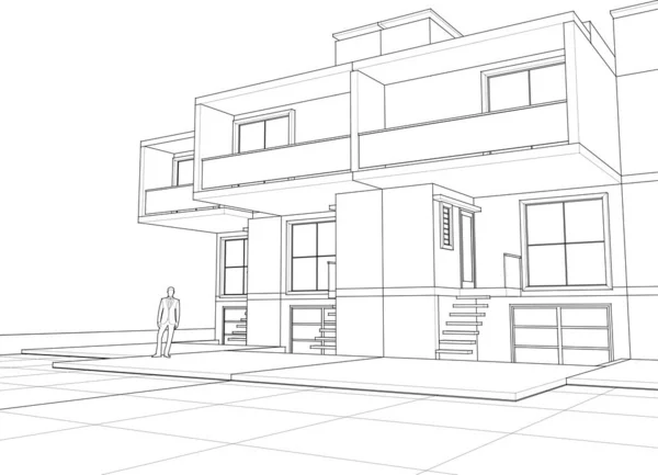 Townhouse Projeto Arquitetônico Esboço Vetor Ilustração — Vetor de Stock