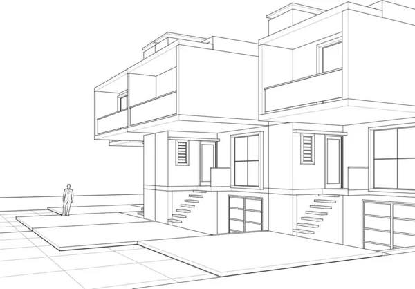 Casa Pueblo Proyecto Arquitectónico Bosquejo Vector Ilustración — Vector de stock