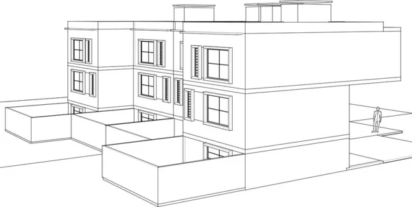 Townhouse Projeto Arquitetônico Esboço Vetor Ilustração — Vetor de Stock