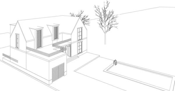 Townhouse Projeto Arquitetônico Esboço Vetor Ilustração — Vetor de Stock