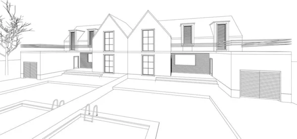 Townhouse Projeto Arquitetônico Esboço Vetor Ilustração — Vetor de Stock