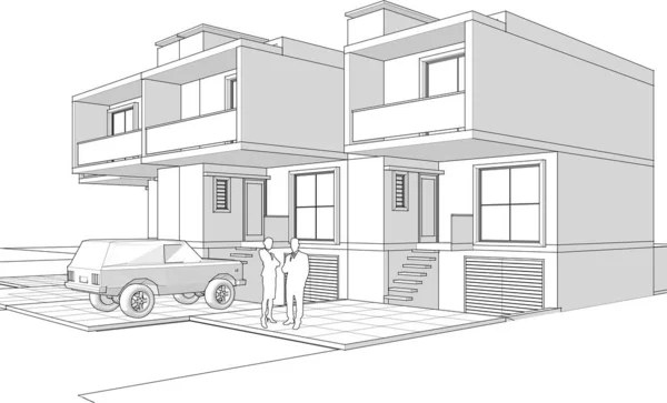 Townhouse Architectonische Project Schets Vector Illustratie — Stockvector