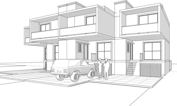 Progetto Architettonico Casa Schiera Schizzo Vettoriale Illustrazione — Vettoriale Stock