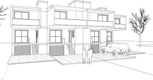 Townhouse Projeto Arquitetônico Esboço Vetor Ilustração — Vetor de Stock