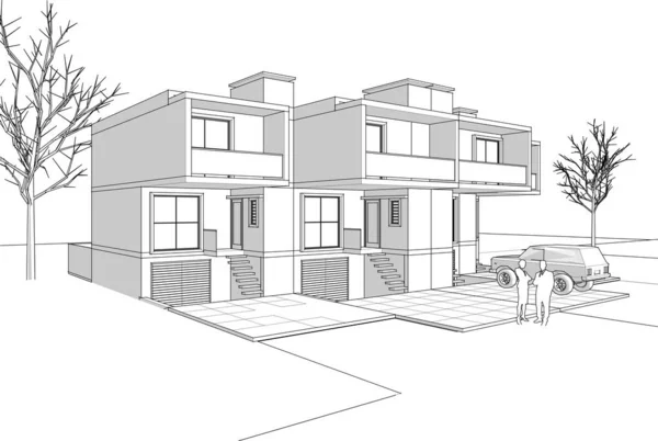 Townhouse Architectonische Project Schets Vector Illustratie — Stockvector
