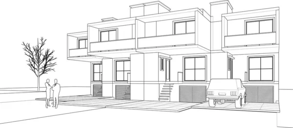 Casa Pueblo Proyecto Arquitectónico Bosquejo Vector Ilustración — Vector de stock