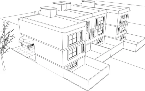 Townhouse Projeto Arquitetônico Esboço Vetor Ilustração — Vetor de Stock