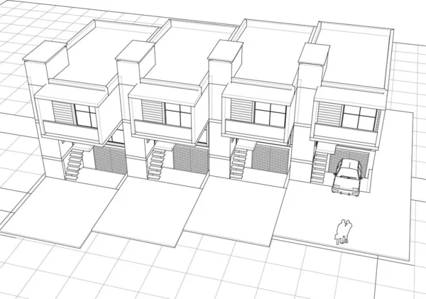 Casa Pueblo Proyecto Arquitectónico Bosquejo Vector Ilustración — Archivo Imágenes Vectoriales