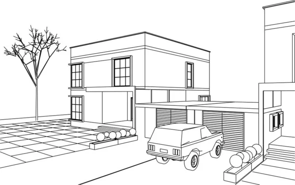 Casa Pueblo Proyecto Arquitectónico Bosquejo Vector Ilustración — Vector de stock