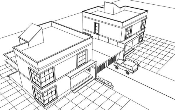 Townhouse Projeto Arquitetônico Esboço Vetor Ilustração — Vetor de Stock