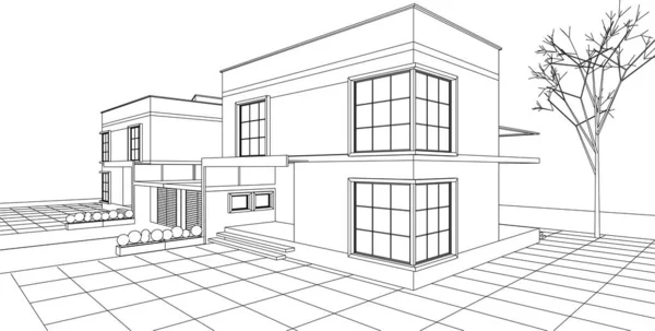 Townhouse Projeto Arquitetônico Esboço Vetor Ilustração —  Vetores de Stock