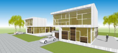 Modern ev mimarisi çizimi 3D illüstrasyon