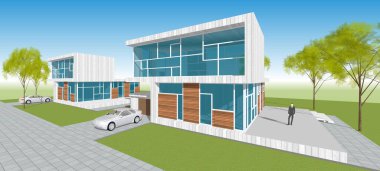 Modern ev mimarisi çizimi 3D illüstrasyon