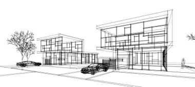 Modern ev mimarisi çizimi 3D illüstrasyon