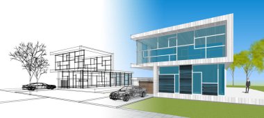 Modern ev mimarisi çizimi 3D illüstrasyon