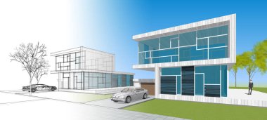 Modern ev mimarisi çizimi 3D illüstrasyon