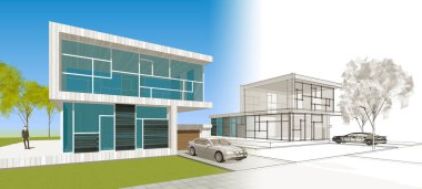 Modern ev mimarisi çizimi 3D illüstrasyon