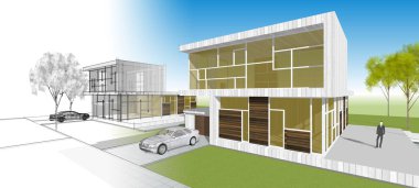 Modern ev mimarisi çizimi 3D illüstrasyon