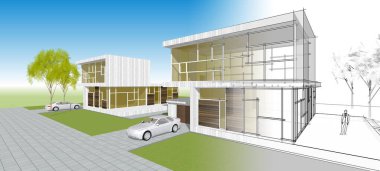Modern ev mimarisi çizimi 3D illüstrasyon