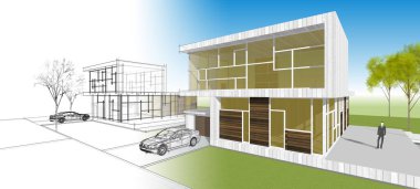 Modern ev mimarisi çizimi 3D illüstrasyon