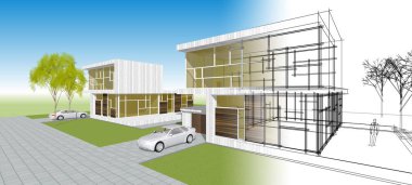 Modern ev mimarisi çizimi 3D illüstrasyon