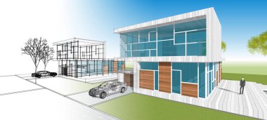 Modern ev mimarisi çizimi 3D illüstrasyon