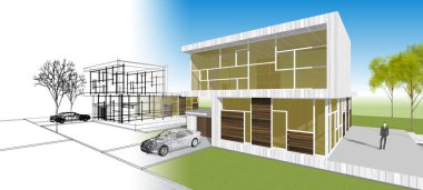 Modern ev mimarisi çizimi 3D illüstrasyon