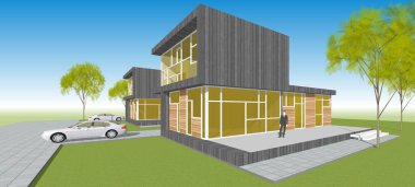 Modern ev mimarisi çizimi 3D illüstrasyon