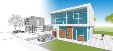 Modern ev mimarisi çizimi 3D illüstrasyon