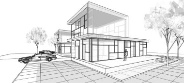 Modern ev mimarisi çizimi 3D illüstrasyon