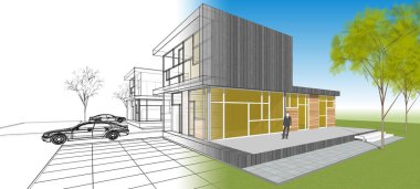 Modern ev mimarisi çizimi 3D illüstrasyon