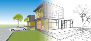 Modern ev mimarisi çizimi 3D illüstrasyon