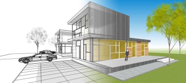 Modern ev mimarisi çizimi 3D illüstrasyon