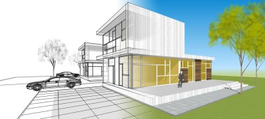 Modern ev mimarisi çizimi 3D illüstrasyon